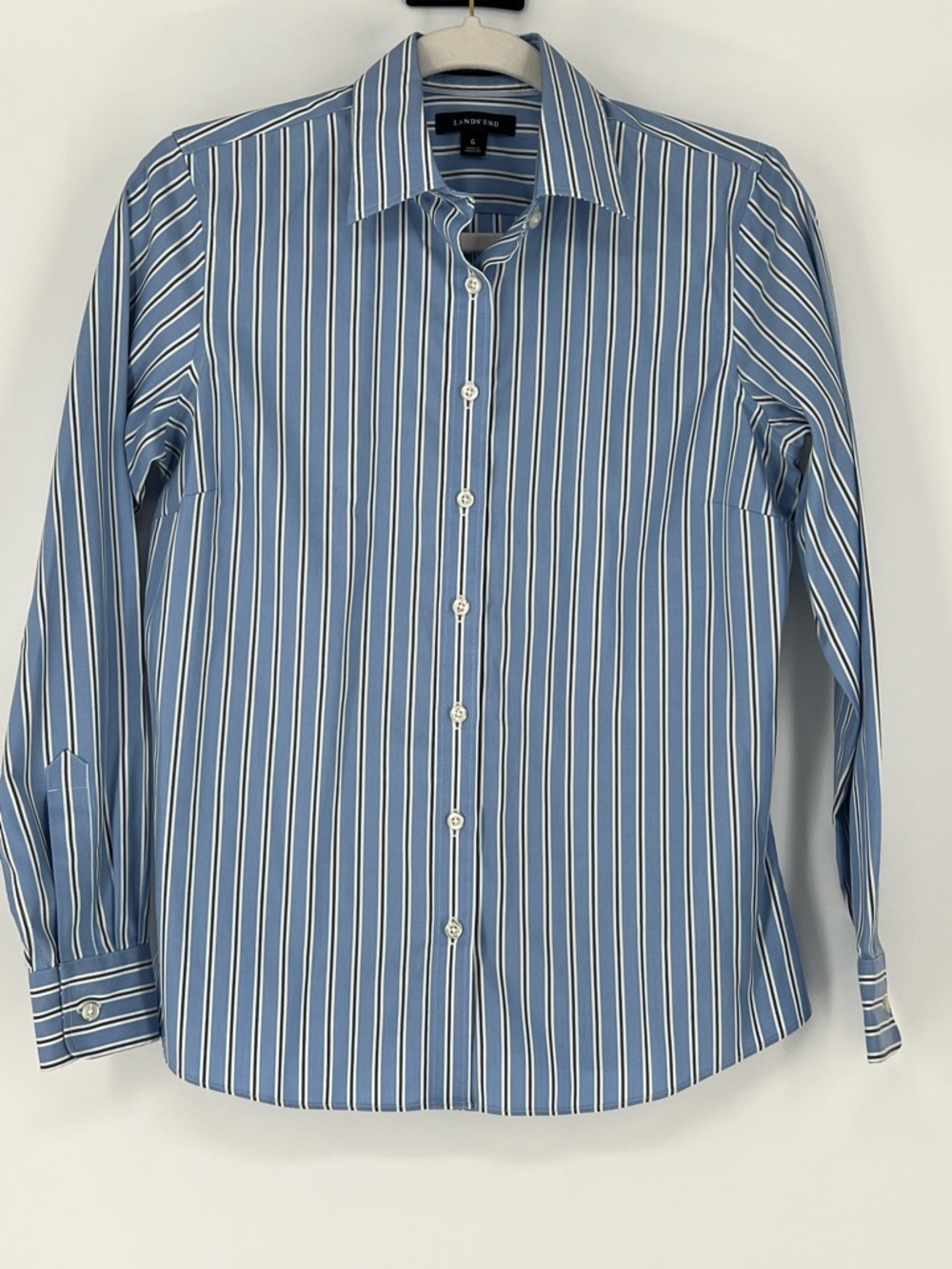 Lands' End No iron Oxford Light Blue & White Vertical‎ Stripe Dress Shirt
